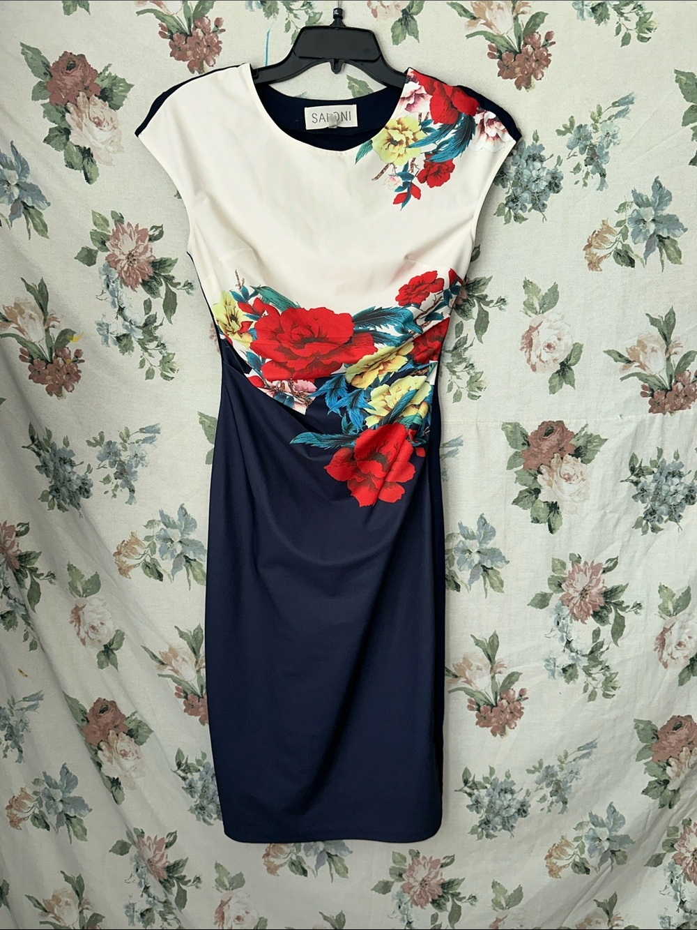 SALONI Navy, White and Red Floral Midi Dress